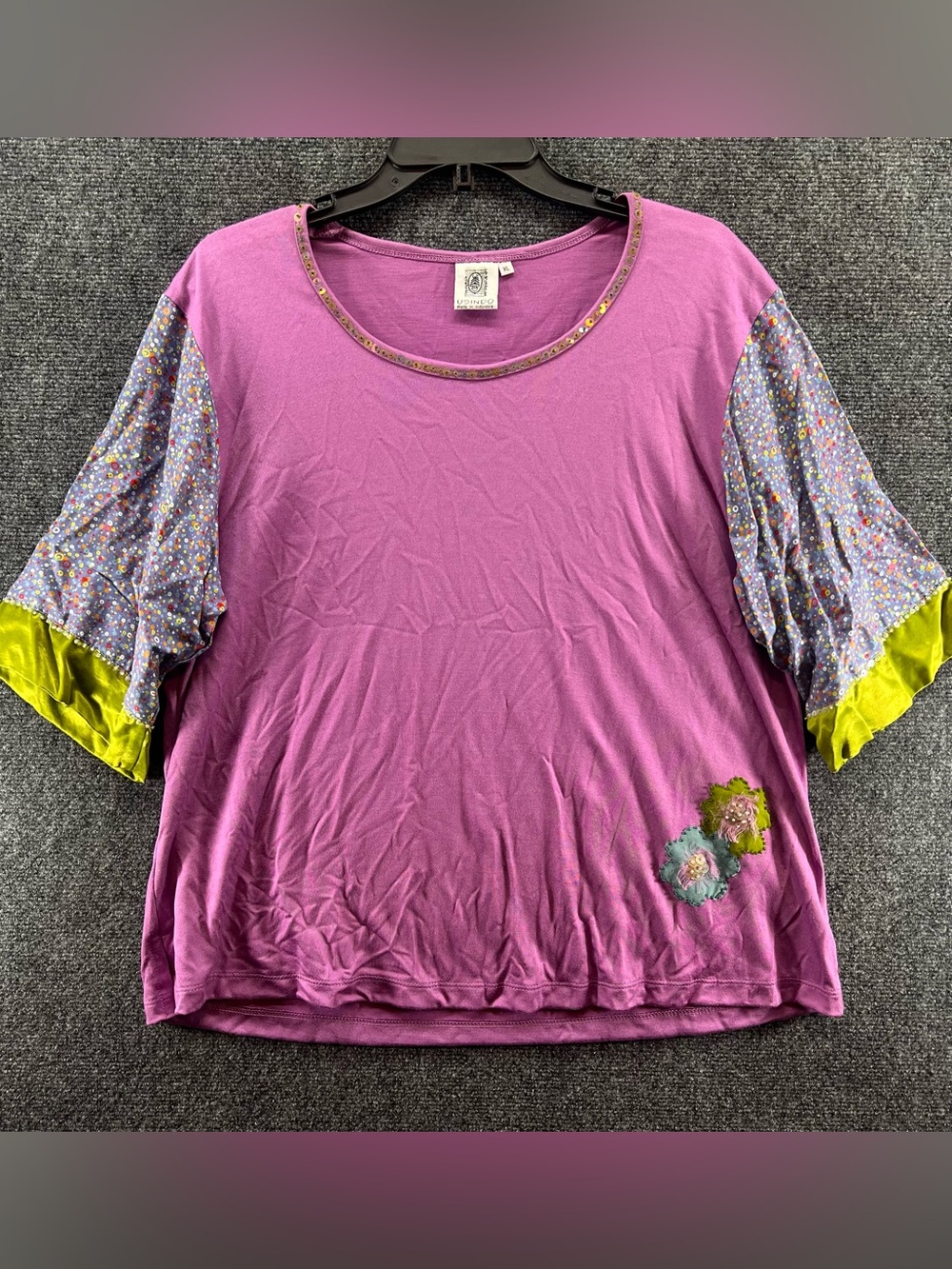 Usindo Patchwork Tunic Blouse Womens XL Lilac Purple Floral Boho Lagenlook Artsy